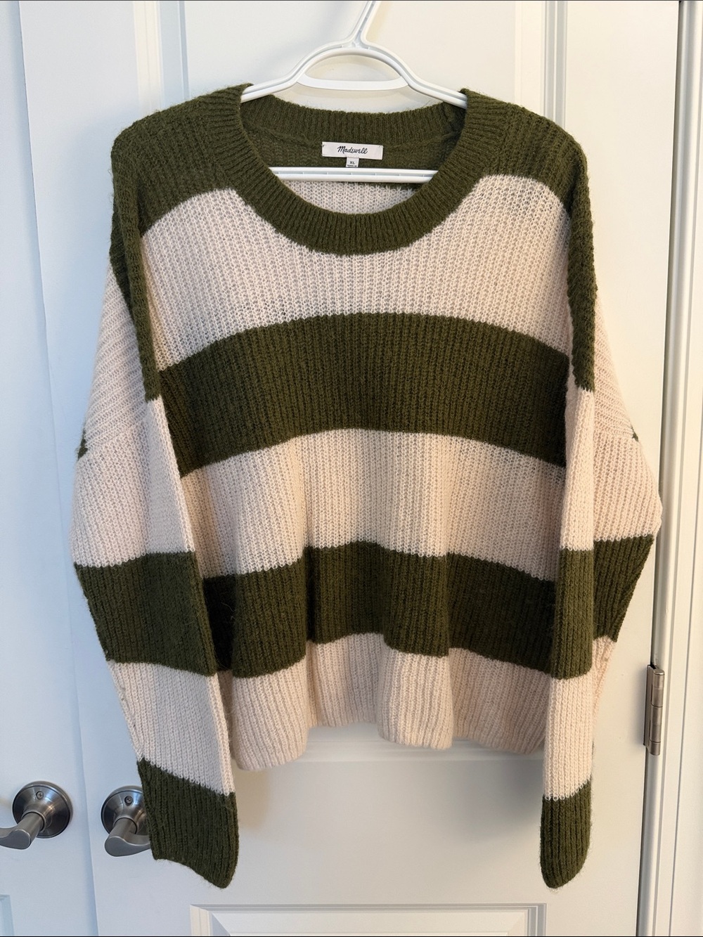 Madewell Olive & Cream Wide-Stripe Ribbed Crewneck Sweater